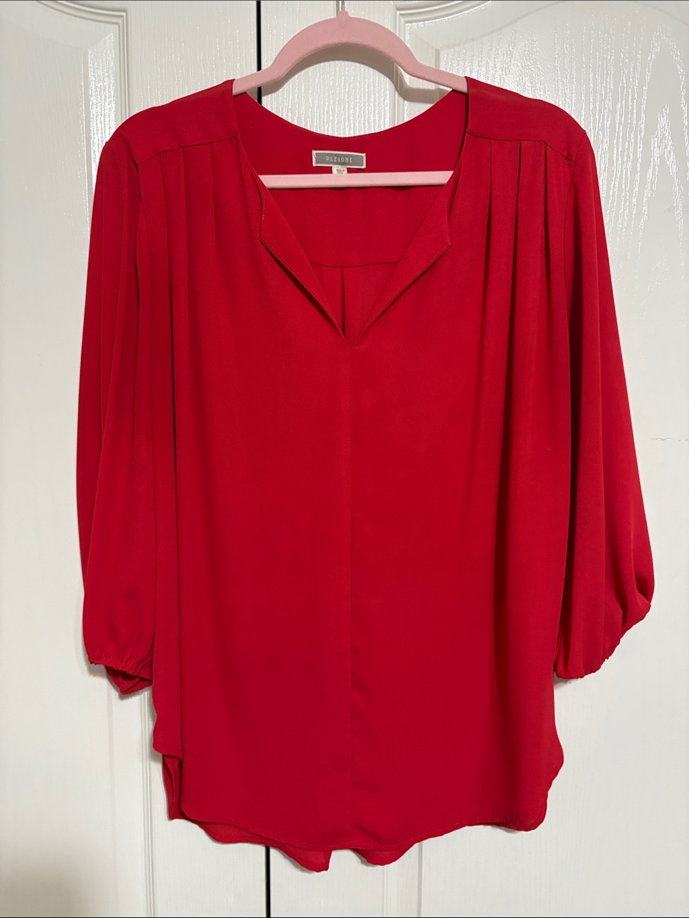 Pleione Red V-Neck Pleated Shoulder Blouse